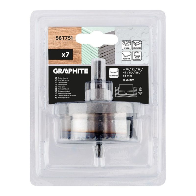 Коронка Graphite по дереву, загартовані зубці, 26–63х25мм, 7шт (56T751)