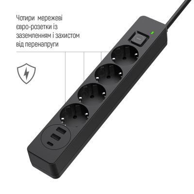 Мережевий фільтр живлення ColorWay (CW-CHE432PDB), 4 розетки/3USB 2M (CW-CHE432PDB)