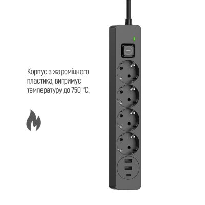 Мережевий фільтр живлення ColorWay (CW-CHE432PDB), 4 розетки/3USB 2M (CW-CHE432PDB)