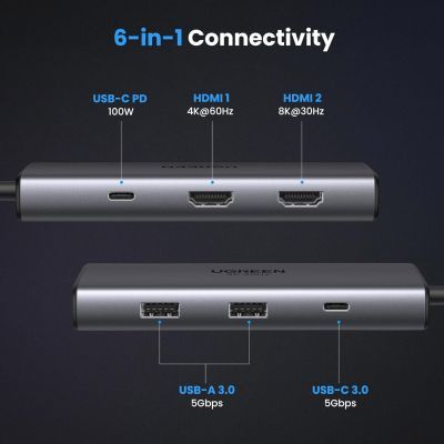 Концентратор Ugreen USB3.1 Type-C to HDMIx2 4K60Hz (8k30Hz)/USB3.0x2/Type-C/PD 100W CM498 (15852)
