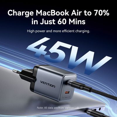 Зарядное устройство Vention 2xUSB-C PD45W GaN + cable USB-C to USB-C 1.0m black gray (TZ-FCDH0-EU)