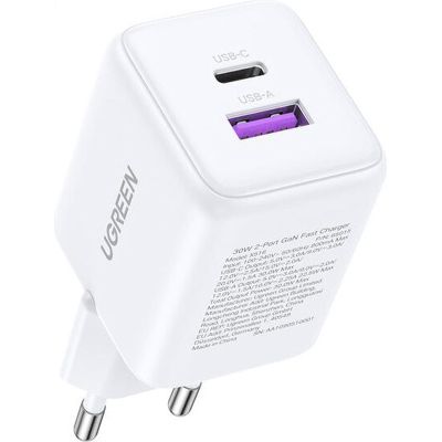 Зарядний пристрій Ugreen USB + USB-C GaN 30W X516 white (65015)