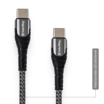 Дата кабель USB-C to USB-C 1.0m PD Fast Charging 65W 3А grey ColorWay (CW-CBPDCC040-GR)