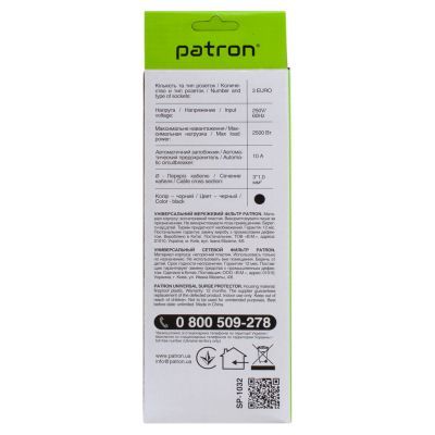 Сетевой фильтр питания Patron (EXT-PN-SP-1032), 1.8m Black (EXT-PN-SP-1032)