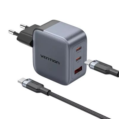 Зарядний пристрій Vention 2xUSB-C PD70W + 1xUSB QC3.0 22.5W GaN + cable USB-C to USB-C 1.0m black gray (TZ-FEXH0-EU)