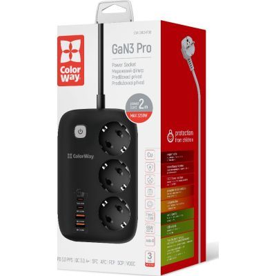 Мережевий фільтр живлення ColorWay (CW-CHE34PDB) 3 роз/4USB GaN3 Pro (CW-CHE34PDB)