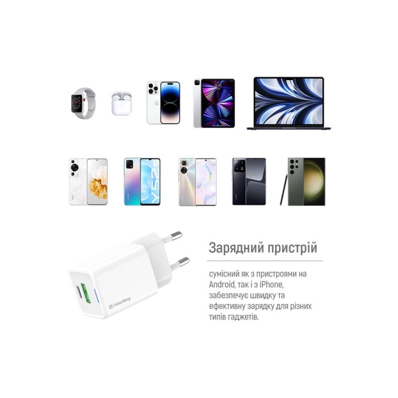 Зарядное устройство ColorWay GaN Mini 30W PD Port PPS USB (Type-C PD + USB QC4.0) white (CW-CHS053PD-WT)