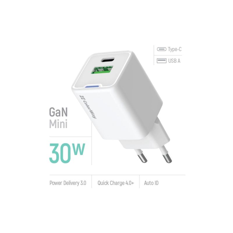 Зарядное устройство ColorWay GaN Mini 30W PD Port PPS USB (Type-C PD + USB QC4.0) white (CW-CHS053PD-WT)