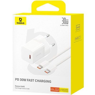 Зарядное устройство Baseus GaN5 Fast Charger USB-C 30W + Cable 1.0m Type-C 100W white (P10110902213-00)