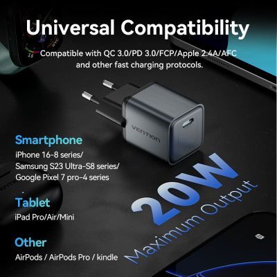 Зарядний пристрій Vention USB-C PD20W GaN gray (FEVH0-EU)