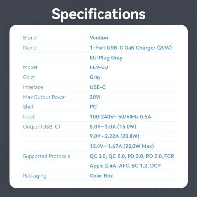 Зарядний пристрій Vention USB-C PD20W GaN gray (FEVH0-EU)
