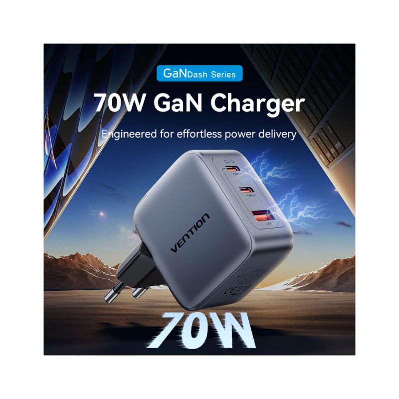 Зарядное устройство Vention 2xUSB-C PD70W + 1xUSB QC3.0 22.5W GaN gray (FEXH0-EU)
