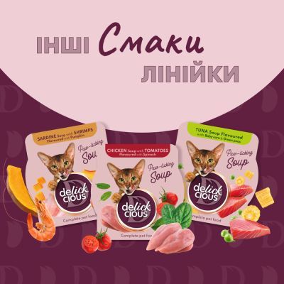Вологий корм для кішок Delickcious Суп з курки з шинкою та додаванням шпинату 80 г (4820269141599)