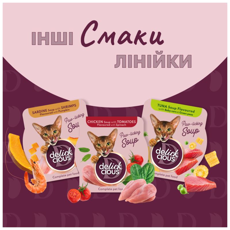 Влажный корм для кошек Delickcious Суп из курицы с ветчиной и добавлением шпината 80 г (4820269141599)