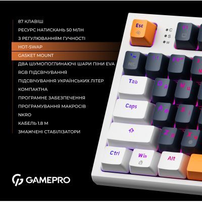 Клавіатура GamePro (MK180W) Hot-Swap Red Swich RGB USB UA White (MK180W)