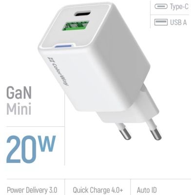 Зарядний пристрій ColorWay USB-C PD20W + 1xUSB QC4.0 white (CW-CHS062PD-WT)