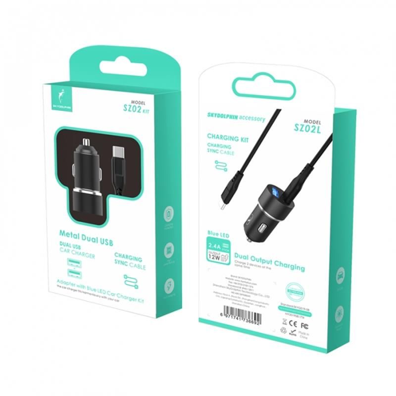 Автомобильное зарядное устройство SkyDolphin SZ02L Aluminium (2USB, 2.4A) Black + кабель Lightning (AZP-000071)