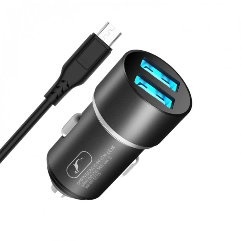 Автомобильное зарядное устройство SkyDolphin SZ02V Aluminium (2USB, 2.4A) Black + кабель microUSB (AZP-000073)
