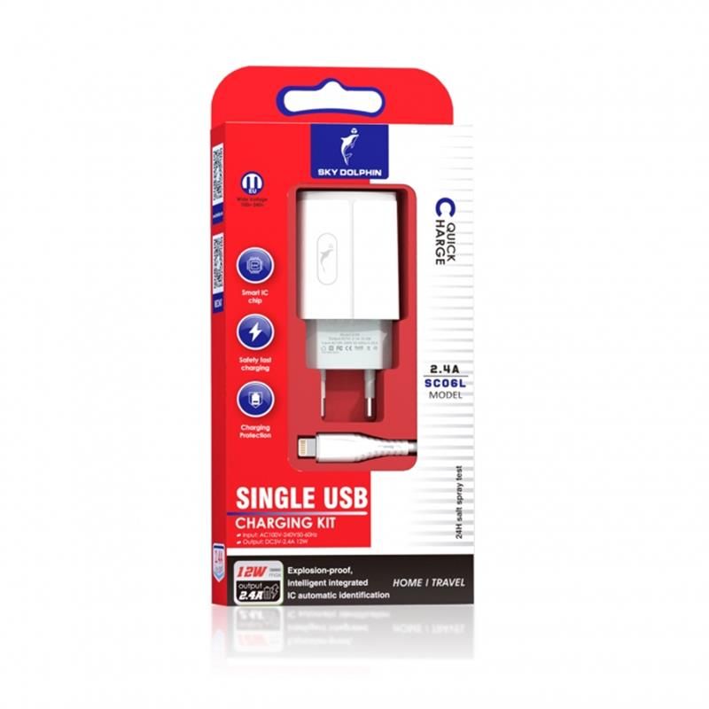 Мережевий зарядний пристрій SkyDolphin SC06L (1USBx2.4A) White + кабель Lightning (MZP-000178)