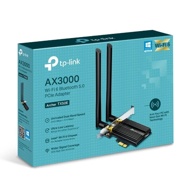 Беспроводной адаптер PCIe TP-Link ARCHER TX50E (AX3000, Wi-Fi 6, Bluetooth 5.0, WPA3, 2 внешних антенны) (ARCHER-TX50E)