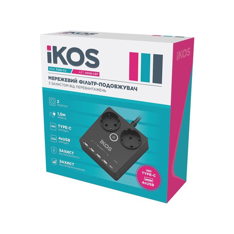 Сетевой фильтр-удлинитель IKOS F25S-CU Black (0006-CEF)