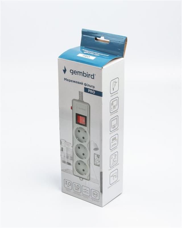 Фільтр живлення Gembird Pro 3 розетки, 3м, сірий (SPG3-G-10G-PRO)