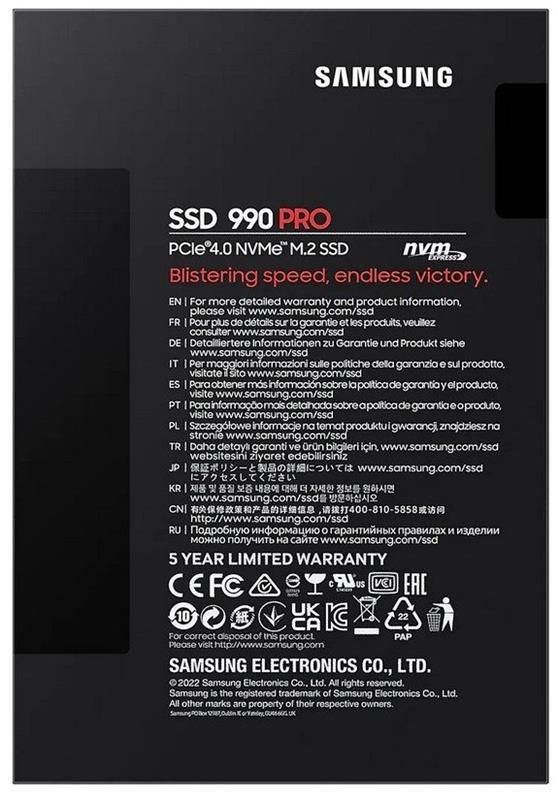 Накопитель SSD 1ТB Samsung 990 PRO M.2 2280 PCIe 4.0 x4 NVMe V-NAND TLC (MZ-V9P1T0BW)