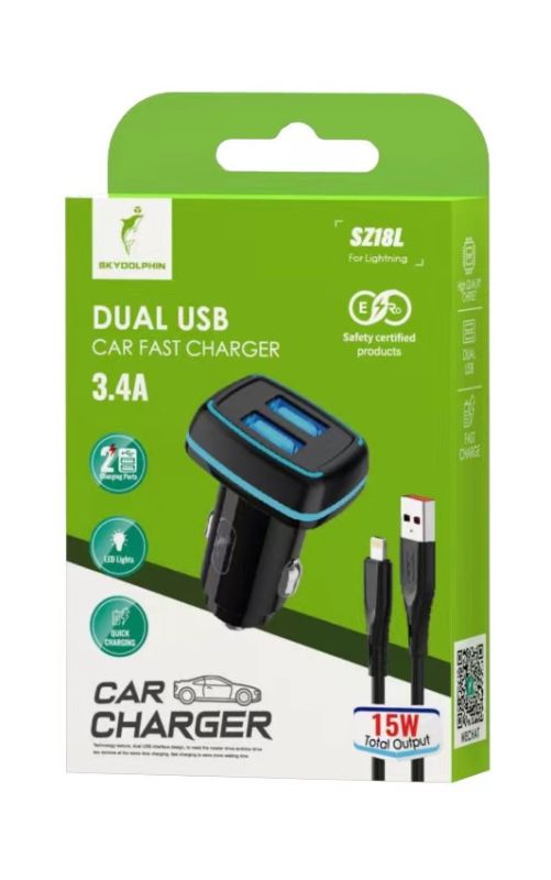 Автомобильное зарядное устройство SkyDolphin SZ18L (2USB, 3.4A) Black + кабель Lightning (AZP-000099)