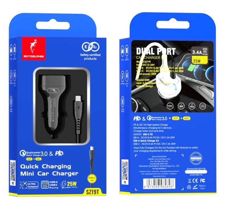 Автомобільний зарядний пристрій SkyDolphin SZ19T PD 20W + QC3.0 20W Black + кабель Type-C (AZP-000104)