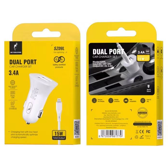 Автомобильное зарядное устройство SkyDolphin SZ09L (2USB, 3.4A) White + кабель Lightning (AZP-000108)