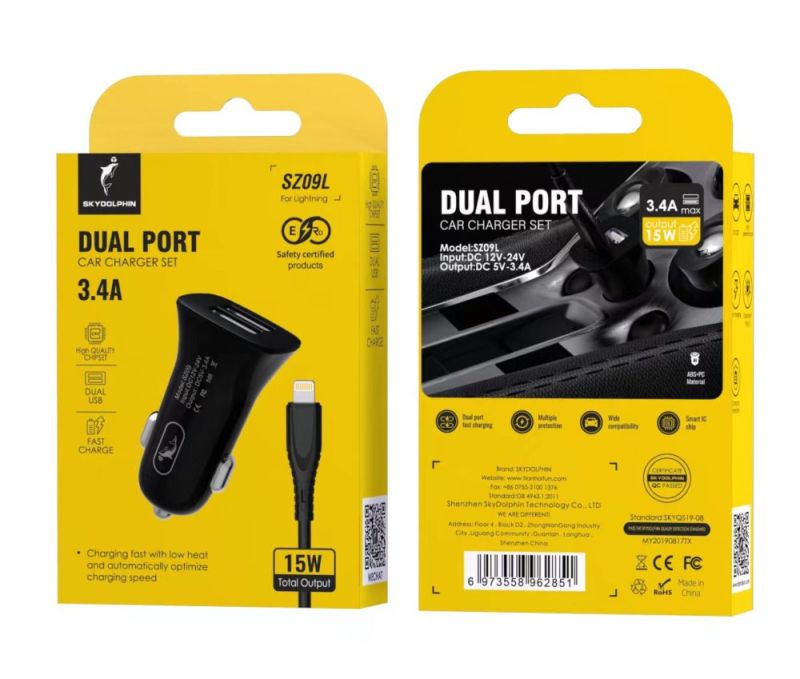 Автомобильное зарядное устройство SkyDolphin SZ09L (2USB, 3.4A) Black + кабель Lightning (AZP-000109)