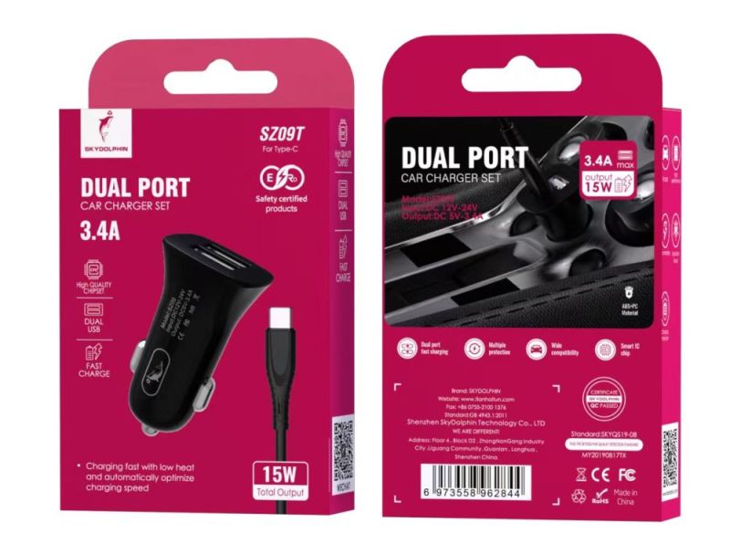 Автомобильное зарядное устройство SkyDolphin SZ09T (2USB, 3.4A) Black + кабель Type-C (AZP-000110)
