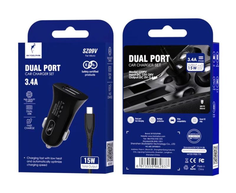 Автомобильное зарядное устройство SkyDolphin SZ09V (2USB, 3.4A) Black + кабель microUSB (SDAZP-000111)