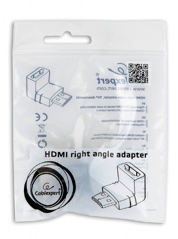 Адаптер Cablexpert HDMI - HDMI (M/F), кут 90 градусів, чорний пакет (A-HDMI90-FML)