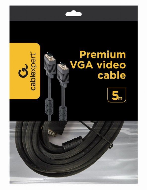 Кабель Cablexpert VGA - VGA (M/M), HD15, з 2-ма фер. кільцями, чорний, 5 м пакет (CC-PPVGA-5M-B)