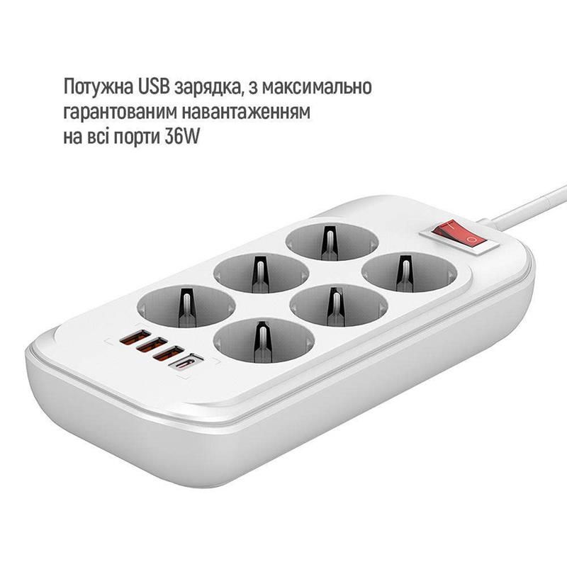 Фільтр живлення ColorWay 6 розеток, 4USB (Type-C PD20W + 3USB QC3.0) (38W), 2м, White (CW-CHE64PDW)