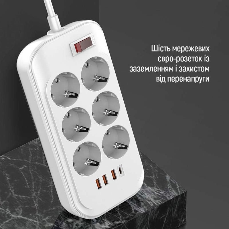 Фільтр живлення ColorWay 6 розеток, 4USB (Type-C PD20W + 3USB QC3.0) (38W), 2м, White (CW-CHE64PDW)