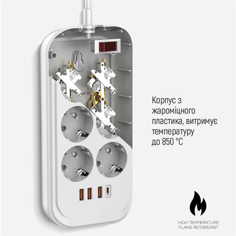 Фільтр живлення ColorWay 6 розеток, 4USB (Type-C PD20W + 3USB QC3.0) (38W), 2м, White (CW-CHE64PDW)