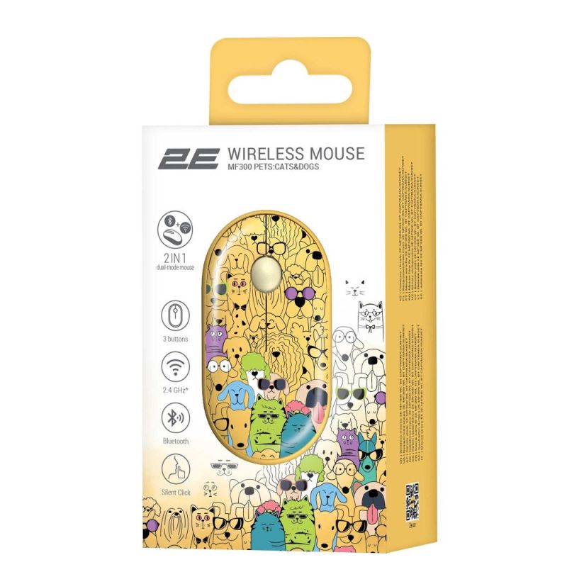 Мышь беспроводная 2E MF300 Pets Cats&Dogs Silent WL BT Yellow  (2E-MF300WPETSYW)