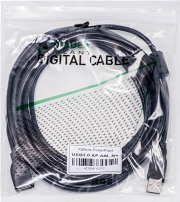 Кабель PowerPlant USB2.0(AF)-USB2.0(AM), 5м, One ferrite, Black (KD00AS1212)