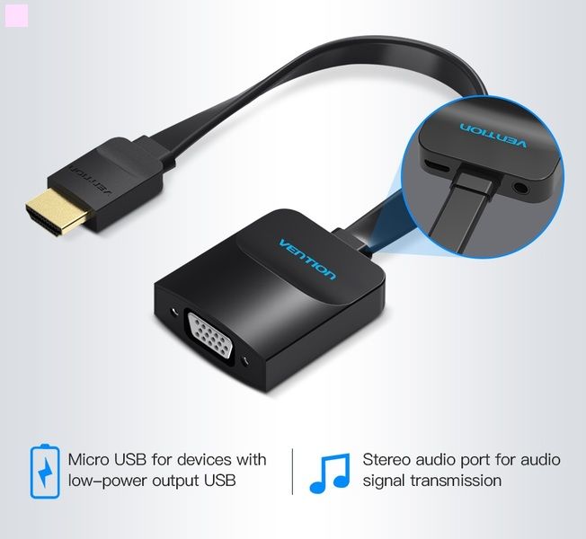 Адаптер Vention Flat HDMI - VGA (M/F), зі звуком і живленням, 0.15 м, чорний (42161)
