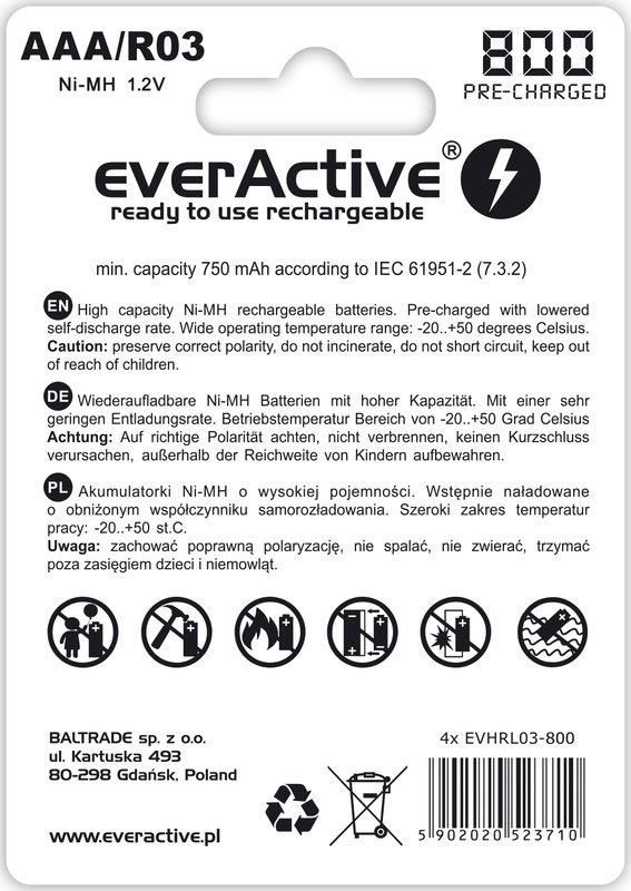 Аккумулятор everActive AAA/HR03 Ni-MH 800mAh BL 4шт (EVHRL03-800)