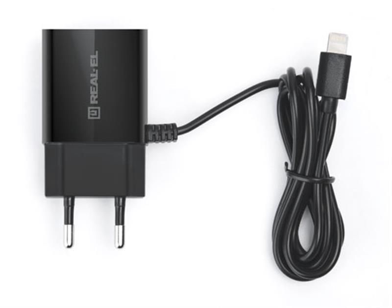 Сетевое зарядное устройство REAL-EL CH-217 (2USB, 2.1A) Black + кабель Lightning (EL123160016)