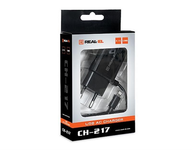 Сетевое зарядное устройство REAL-EL CH-217 (2USB, 2.1A) Black + кабель Lightning (EL123160016)
