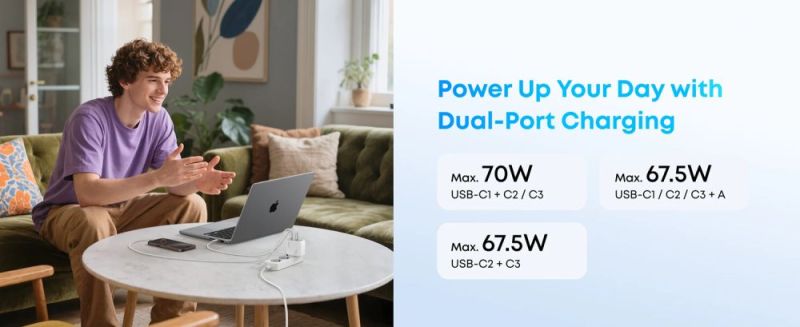 Сетевое зарядное устройство Anker Charger 70W, 3xUSB-C, 1xUSB-A, Black (A121CG11)