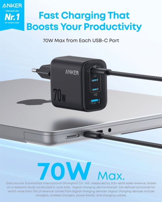 Сетевое зарядное устройство Anker Charger 70W, 3xUSB-C, 1xUSB-A, Black (A121CG11)