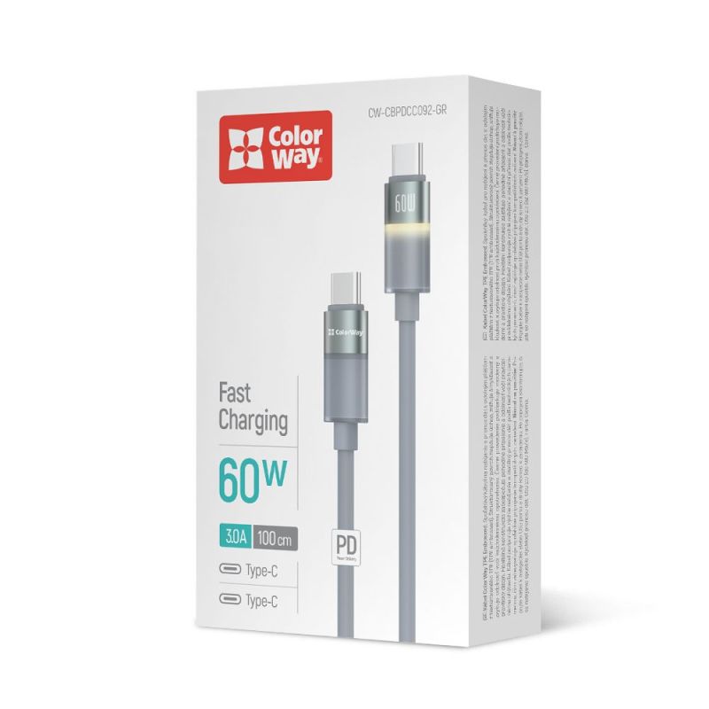 Кабель ColorWay USB Type-C - USB Type-C (M/M), warm light, 3А, 1 м, Grey (CW-CBPDCC092-GR)