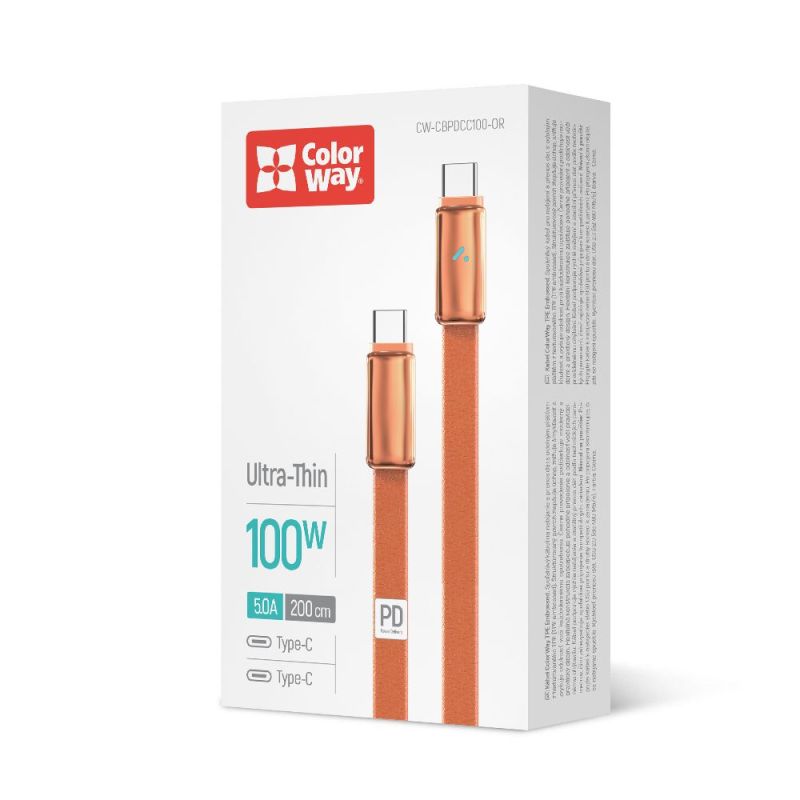 Кабель ColorWay USB Type-C - USB Type-C (M/M), ultra-thin, 5А, 1 м, Orange (CW-CBPDCC100-OR)