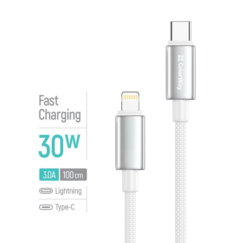 Кабель ColorWay USB Type-C - Lightning (M/M), zinc alloy braided, 3А, 1 м, White (CW-CBPDCL098-WT)