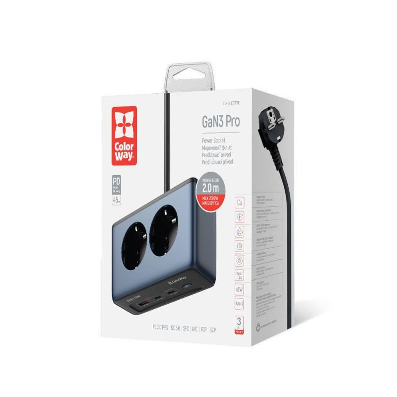 Фільтр живлення ColorWay 45W 2 розетки, 1xUSB-A 2xUSB-C, 2 м, синій (CW-CHE25PDB)